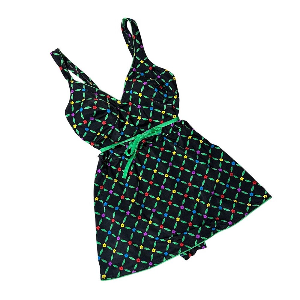 Vintage Swimsuit Dress Floral 1980s Gabar Size 14 Belted Black Green Flowers USA